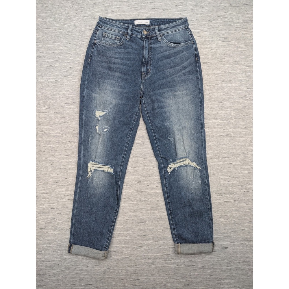 Flying‎ Monkey Jeans Womens 29 Blue Distressed High Rise Tapered Mom Fit Denim